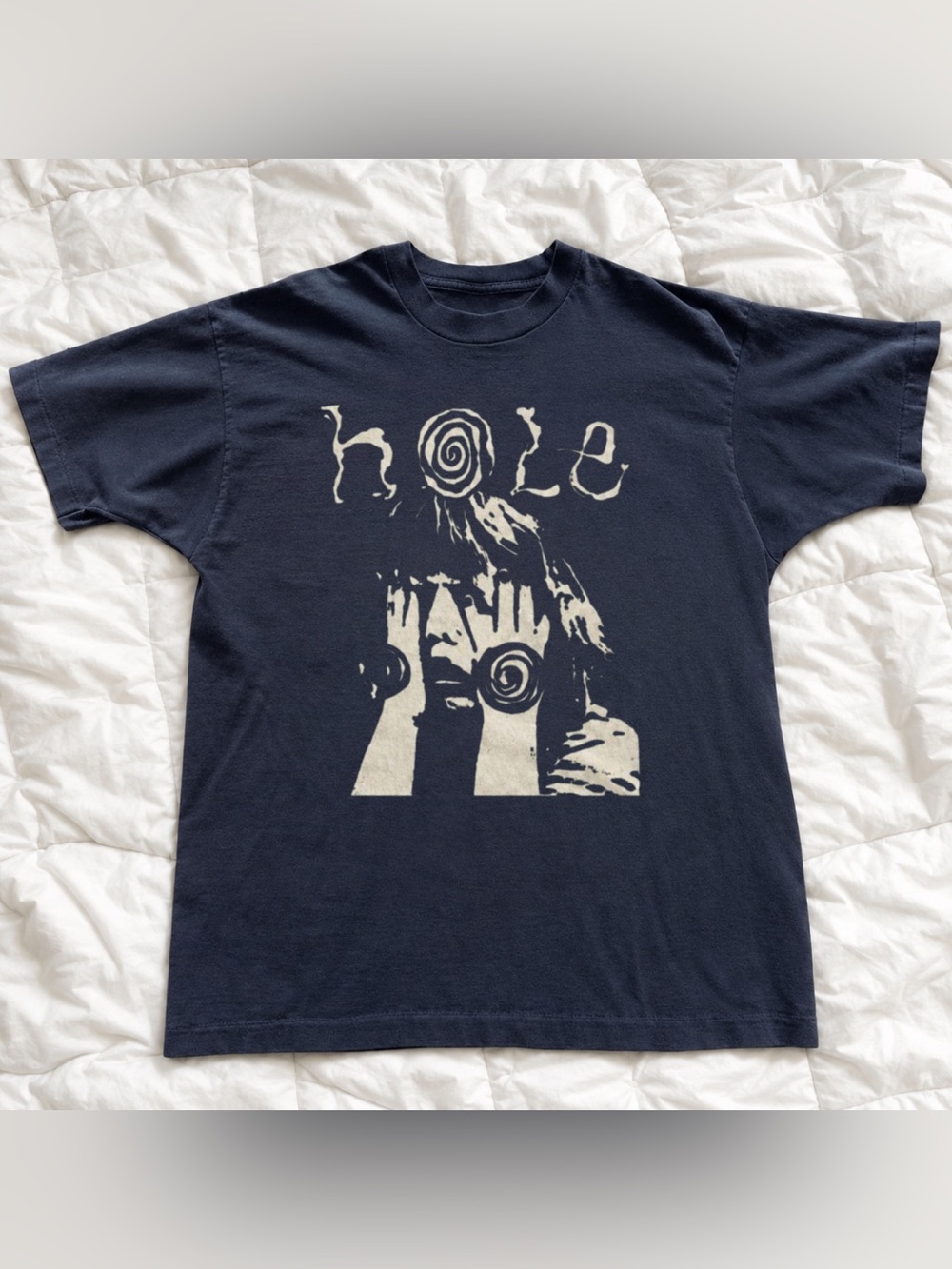 Vintage Hole Graphic Band Tee in Black with Cream Print Classic Style